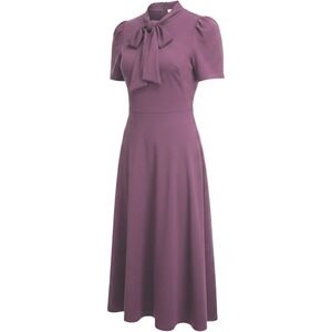 Ivy + Blu Purple Tie Neck Fit and Flare Midi Dress Short Puff Sleeve Size 4
